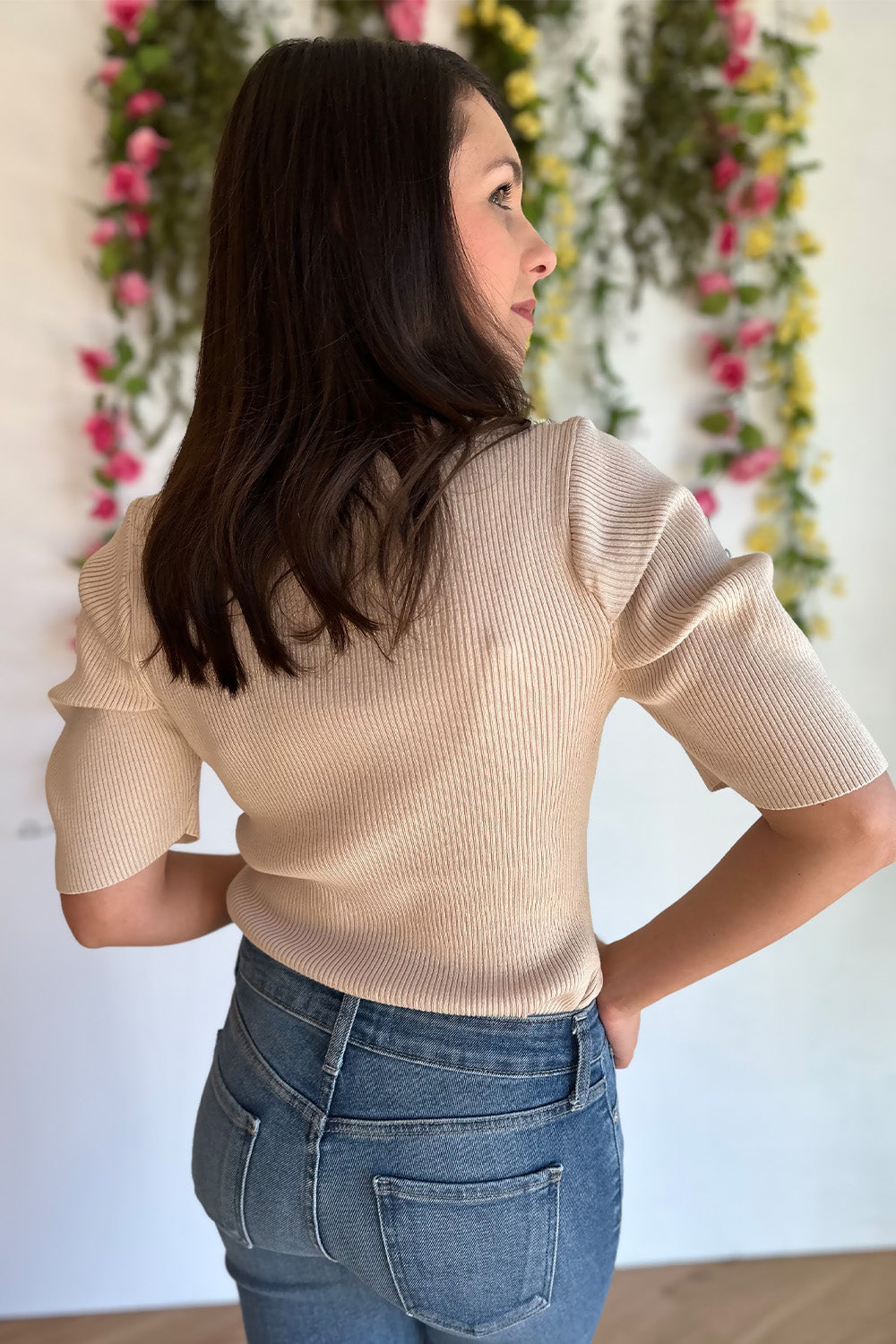 Beige Ribbed Square Neck Top