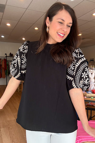 Black High Neck Embroidered Sleeve Top