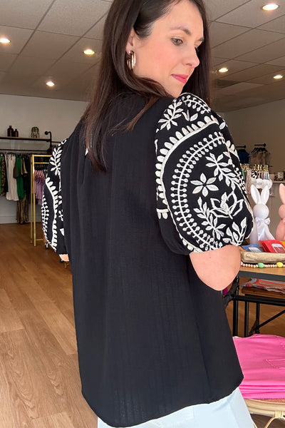 Black High Neck Embroidered Sleeve Top