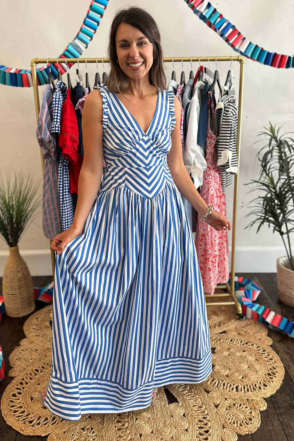 Green Stripe V-Neck Maxi Dress by Skies are Blue