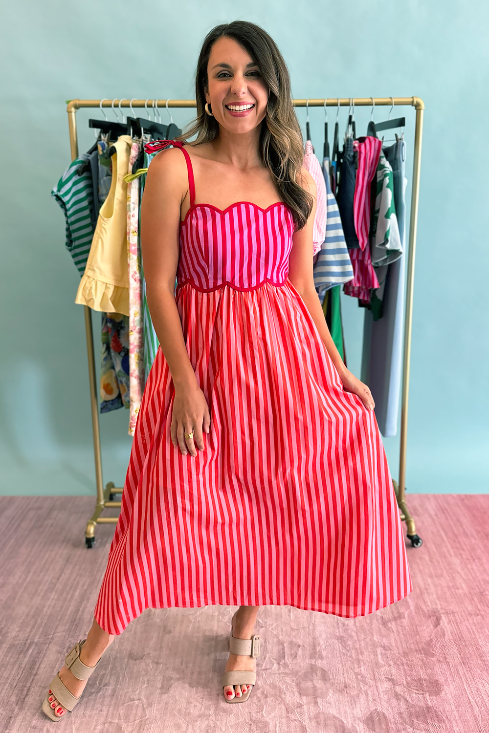 Bright Mixed Color Midi Dress in Pink Bright Mixed Color Midi Dress in Pink