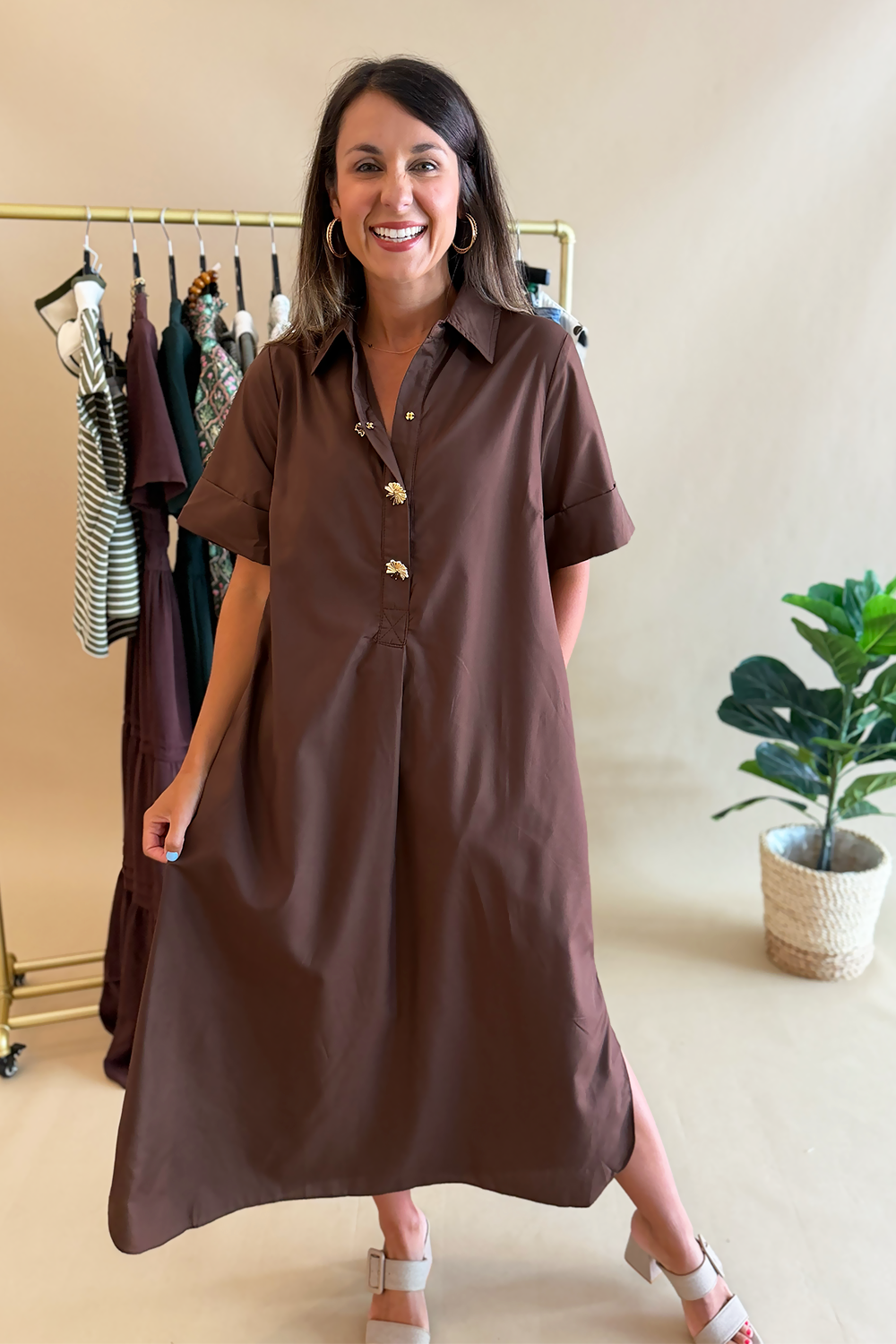 gold button midi dress Brown SS UK 8