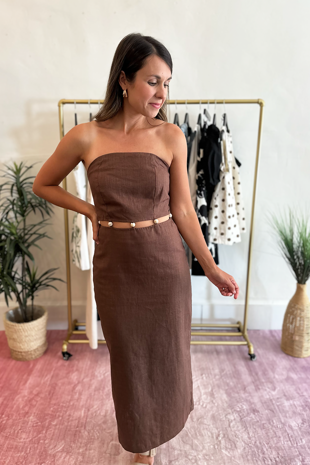 brown strapless linen dress Dress Strapless Linen Maxi Dress Linen A-Line Strapless Dress for Vacation  and Going Out Dress Brown S