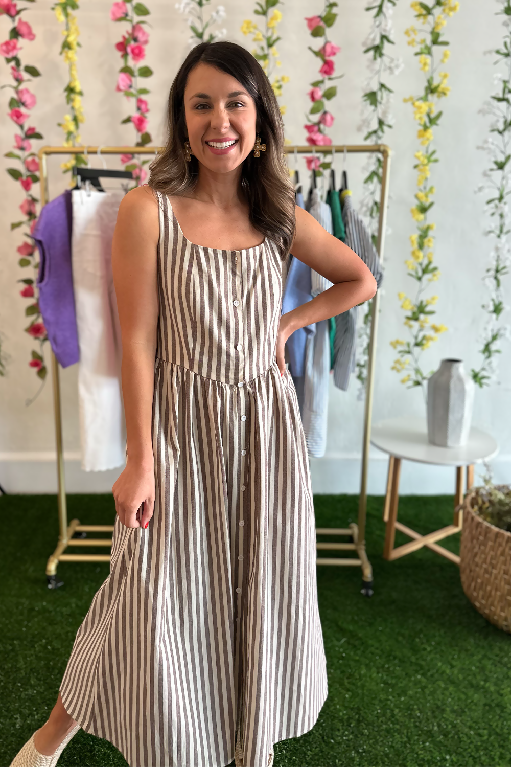 Brown Striped Sleeveless Midi Dress