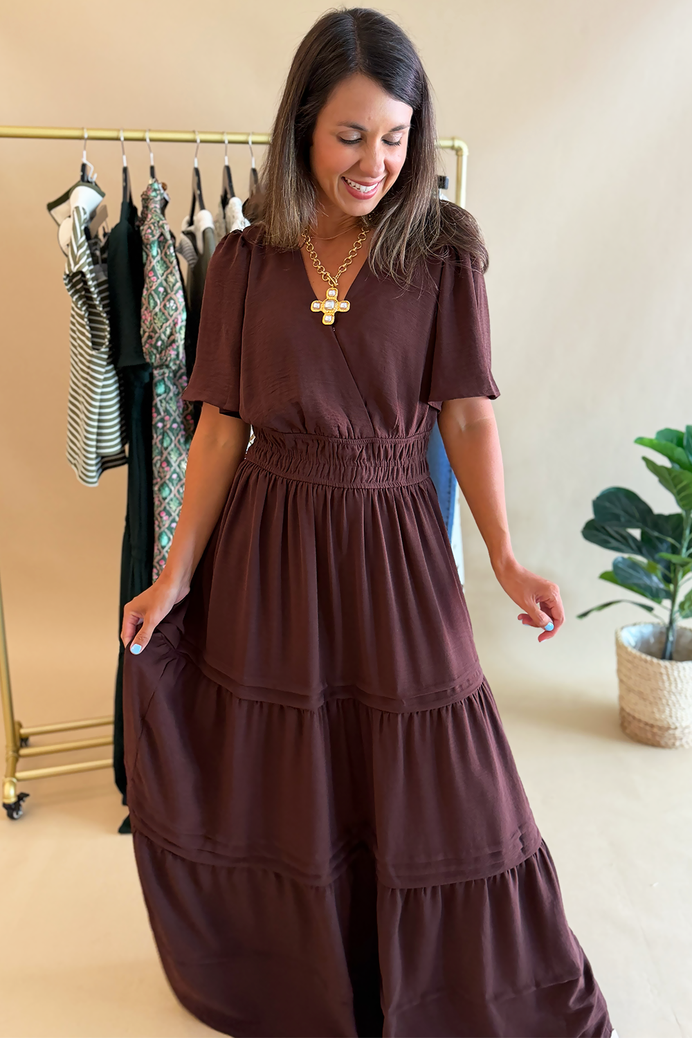 surplice maxi dress Silky Neck in Brown Large stretchy fabric allows room Women's Dresses 26 Color:Tc5 5 Red Ombre Prom Dresses