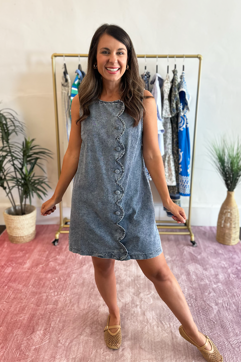 Denim Scallop Button Front Dress