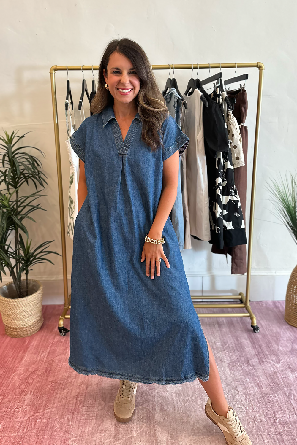 Denim Fray Hem Midi Dress