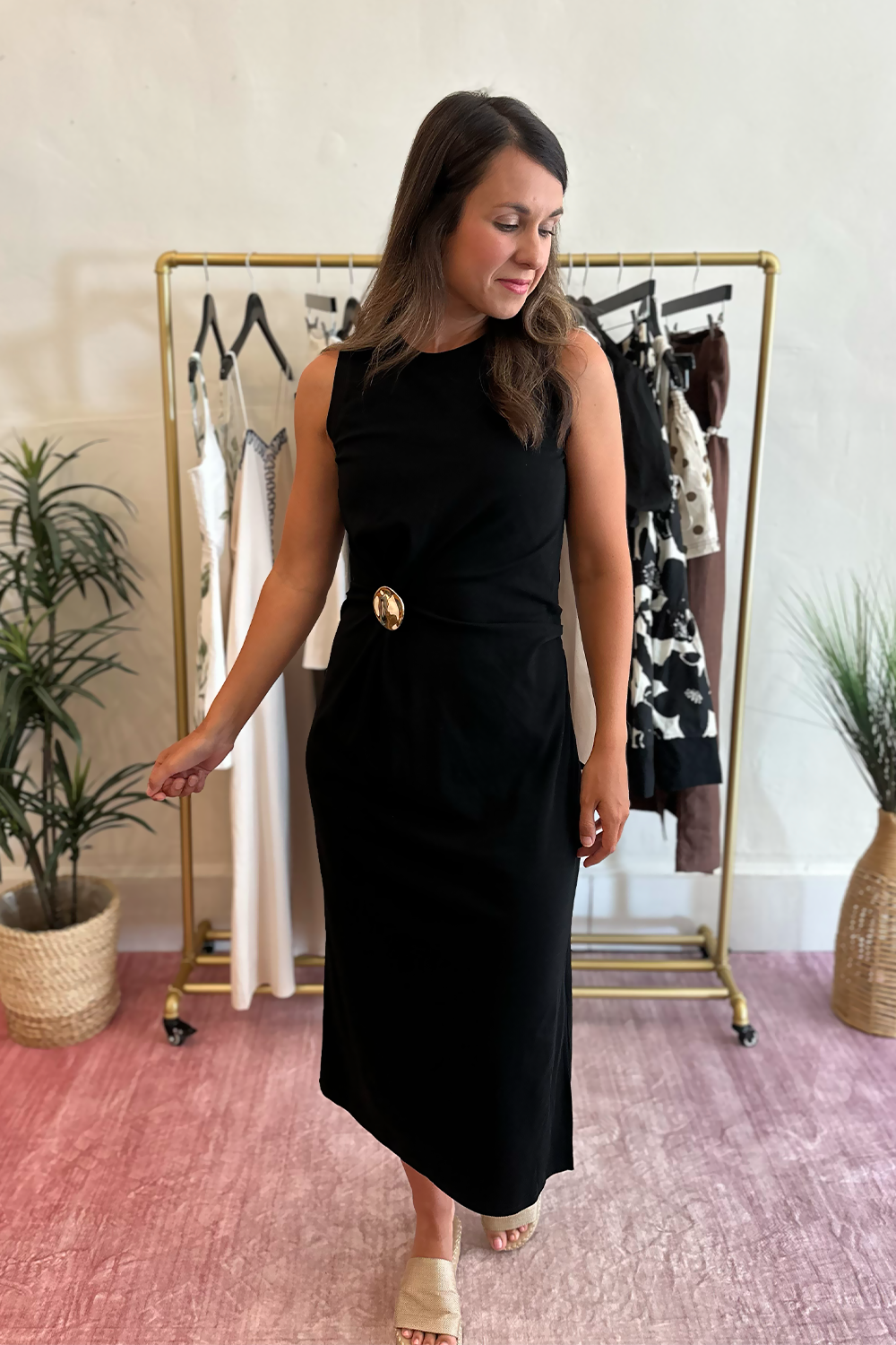 Black Gathered Side Midi Dress with Gold Broach | Women's Midi Dresses
