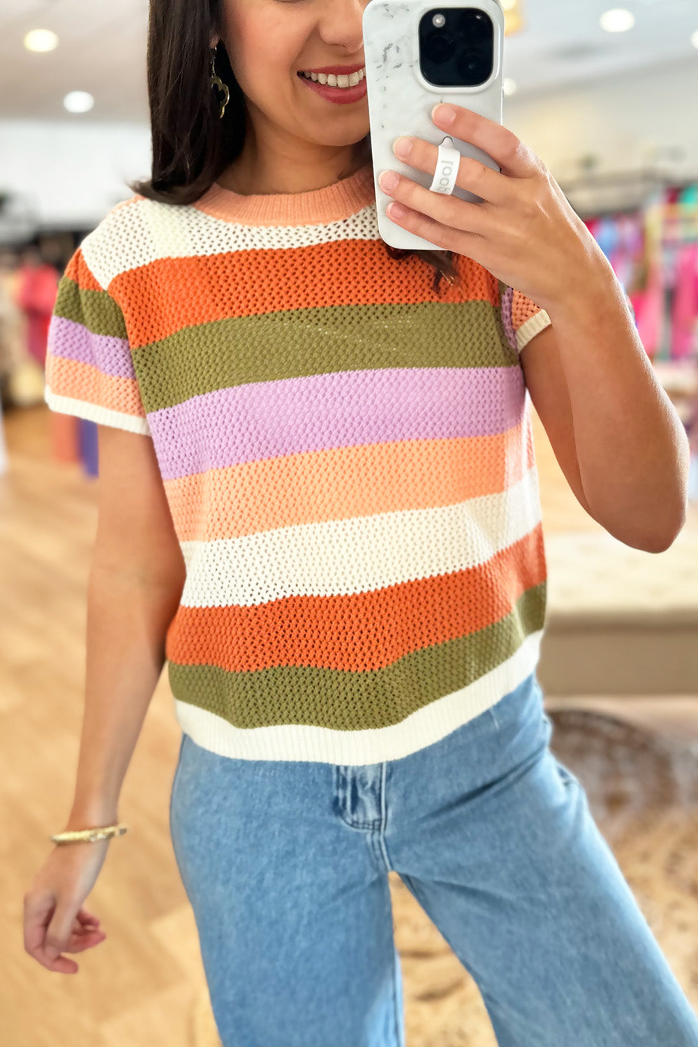 Apricot and Green Knit Stripe Top