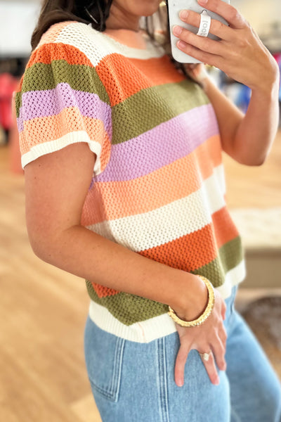 Apricot and Green Knit Stripe Top