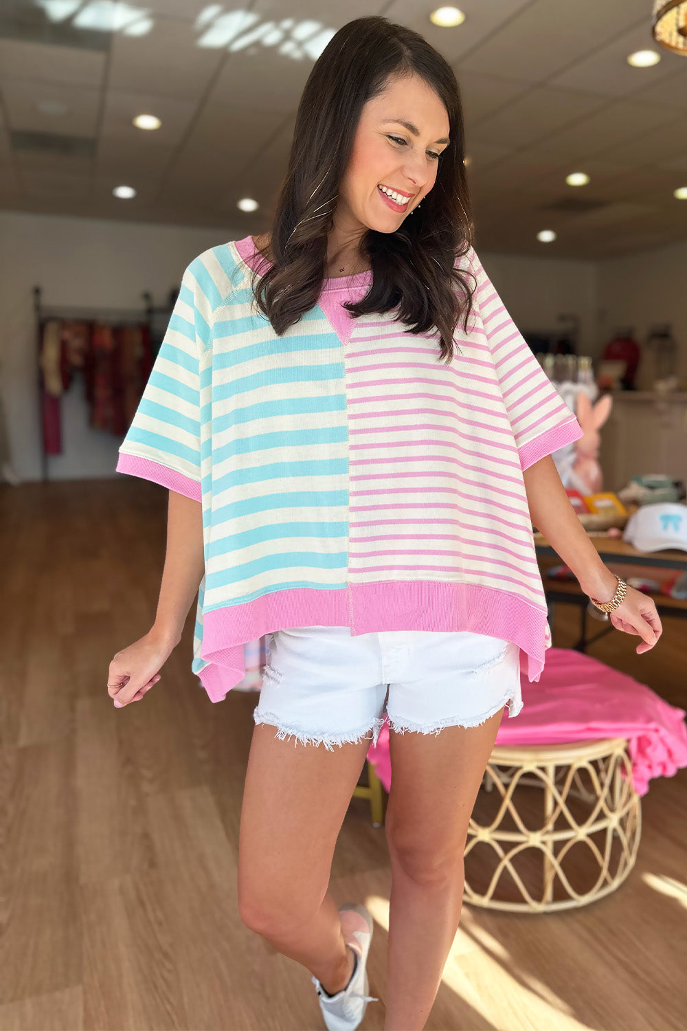 Mixed Stripe Blue and Pink SS Top