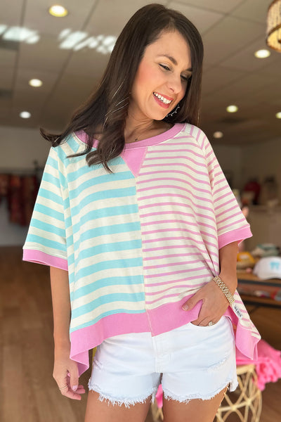 Mixed Stripe Blue and Pink SS Top