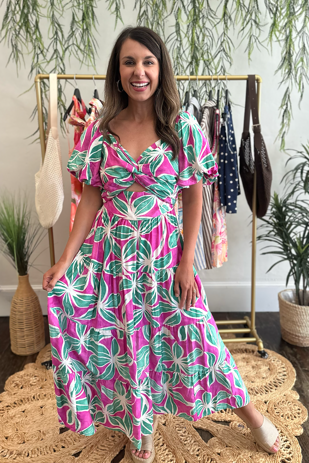 pink and green floral midi dress Pink & Green Twist Front Midi Dress | Women's Summer Dresses