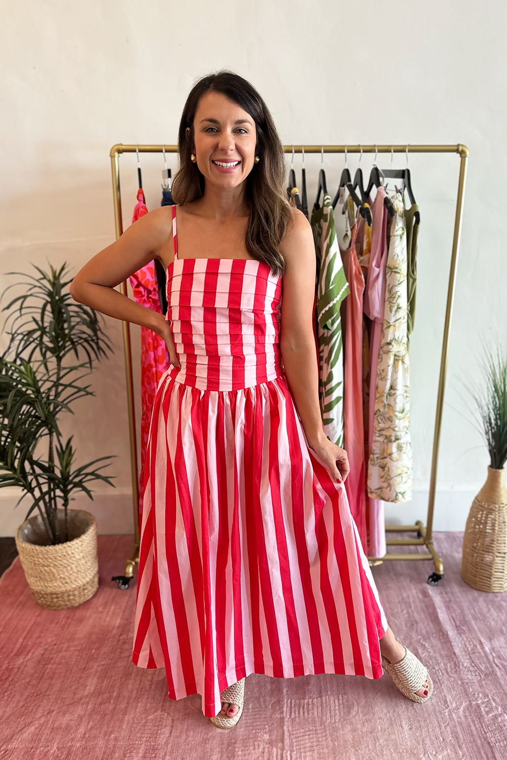 Pink Stripe Pleated Bust Dress Medium Pink Stripe Pleated Bust Dress Medium
