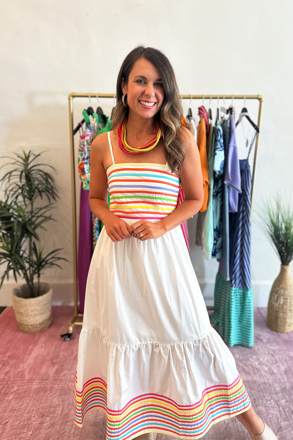 White and Rainbow Striped Midi Dress | Women's Summer Dresses