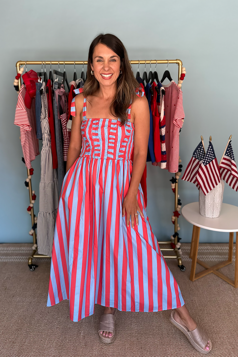 Red and Blue Striped Smocked Bust Midi Dress