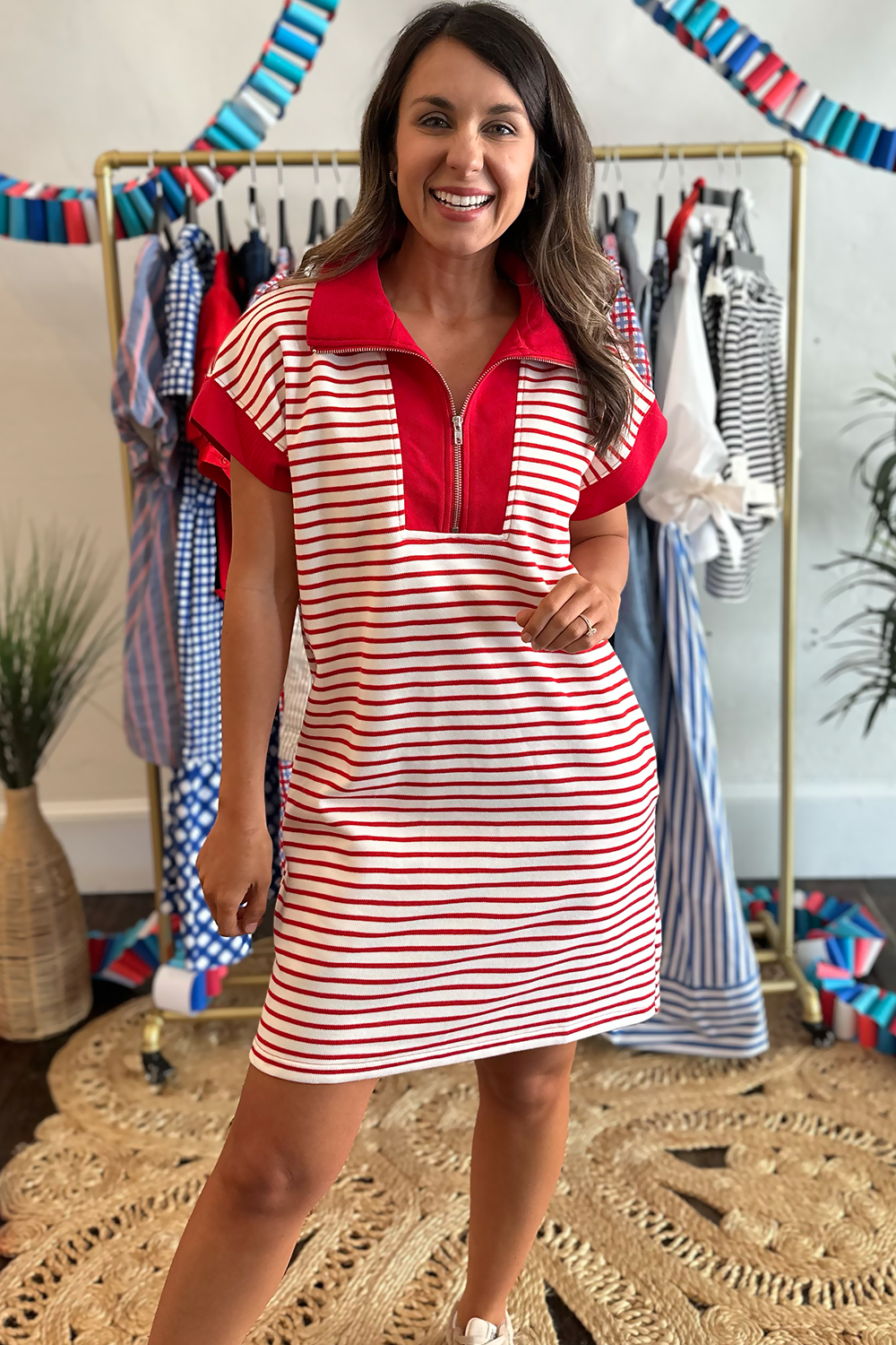 Half Zip Striped Dress Red  Truly Yours