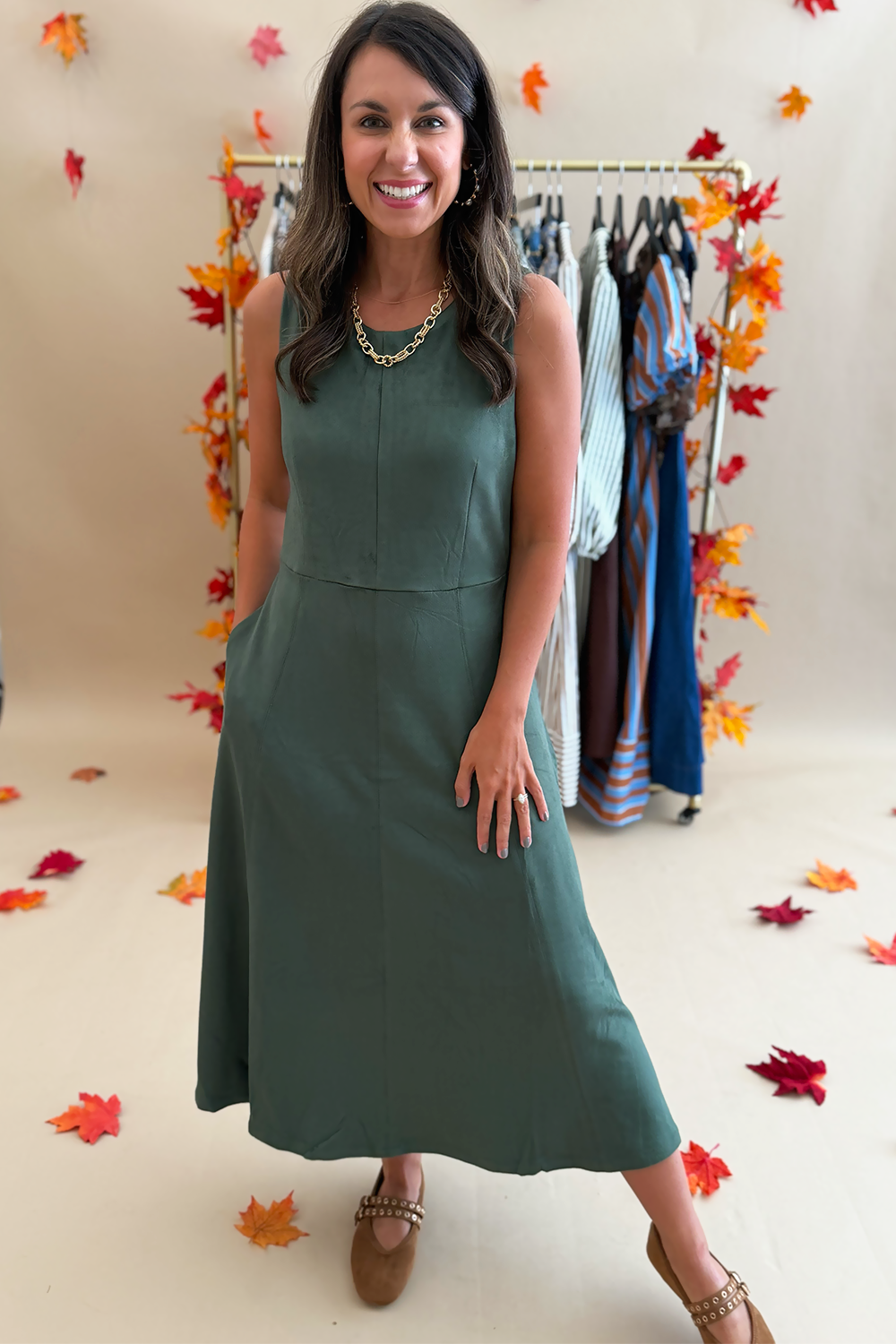 green suede dress Sleeveless Midi in MN235 The Best of Maid Imported. Size:14 32