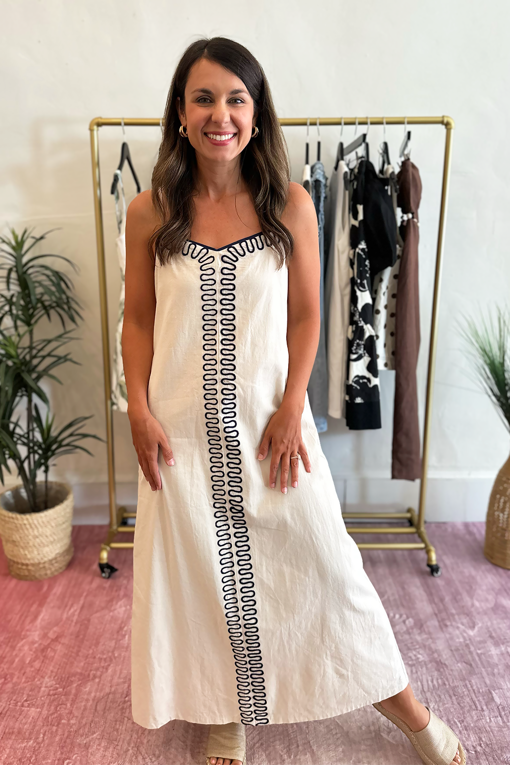 beige summer midi dress Serisse Women's Contrast Color V-Neck Sleeveless Textured Midi Dress,Beige Summer Elegant Holiday Tea Party French Casual Waist Tie Drape Design Long Dress