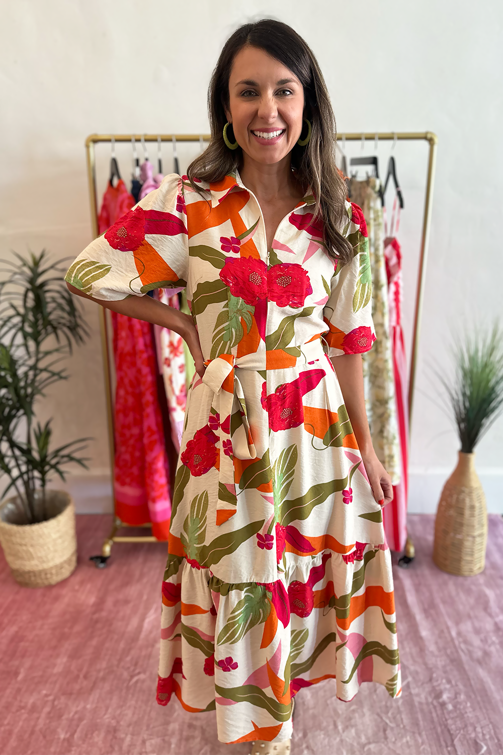Pink Green Orange Printed Zip-Up Dress