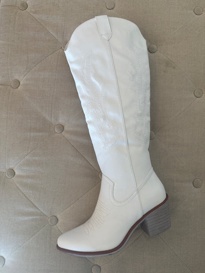 White Embroidered Knee High Boots
