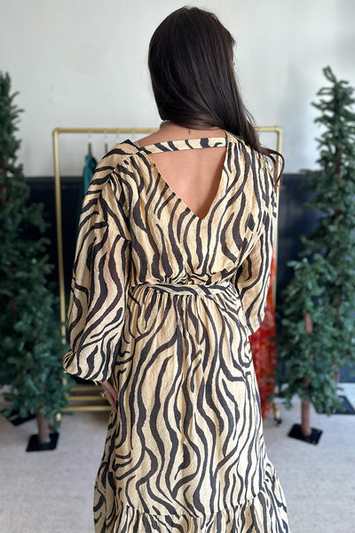 Tan and Black Animal Print Midi Dress