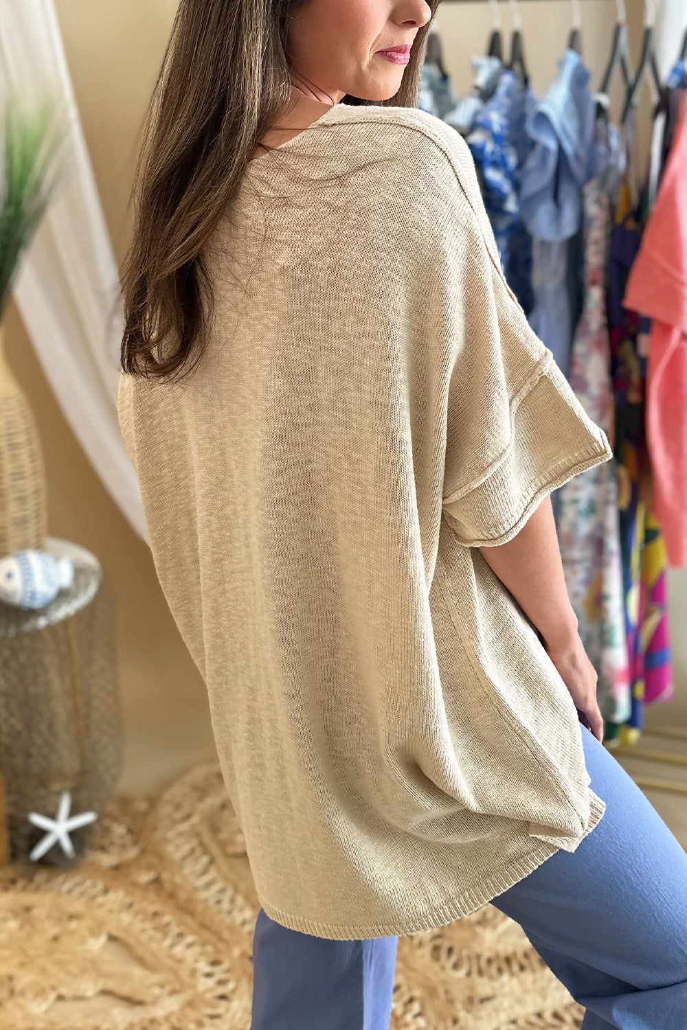 Cotton Slub Asymmetrical Hem Top Tan