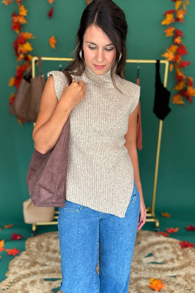 Asymmetrical Hem Sleeveless Sweater Mocha