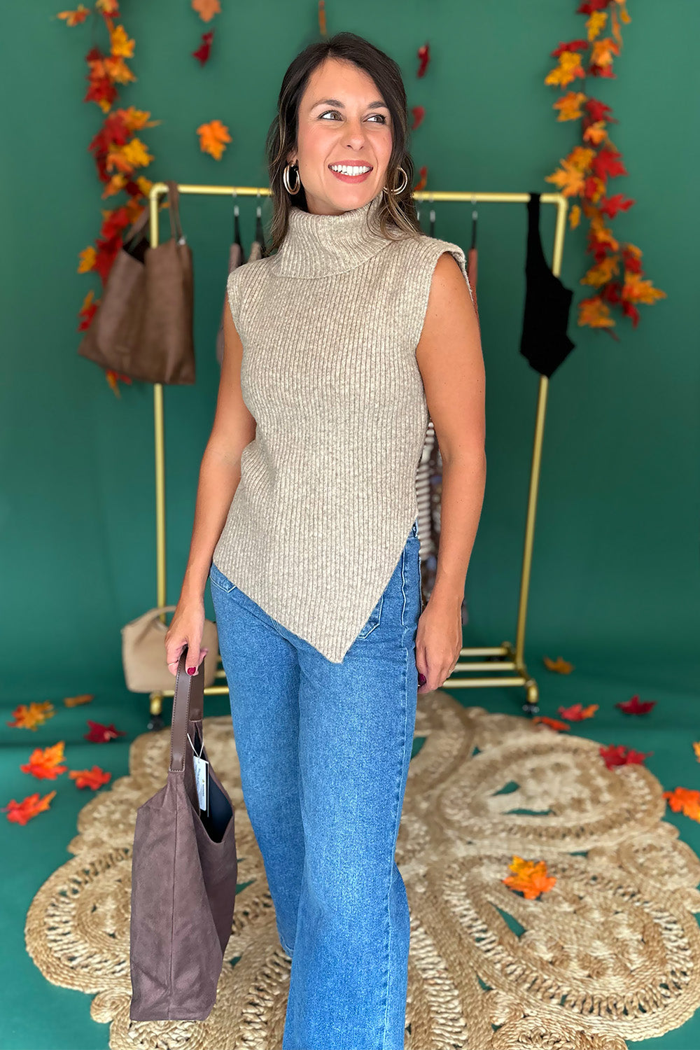 Asymmetrical Hem Sleeveless Sweater Mocha