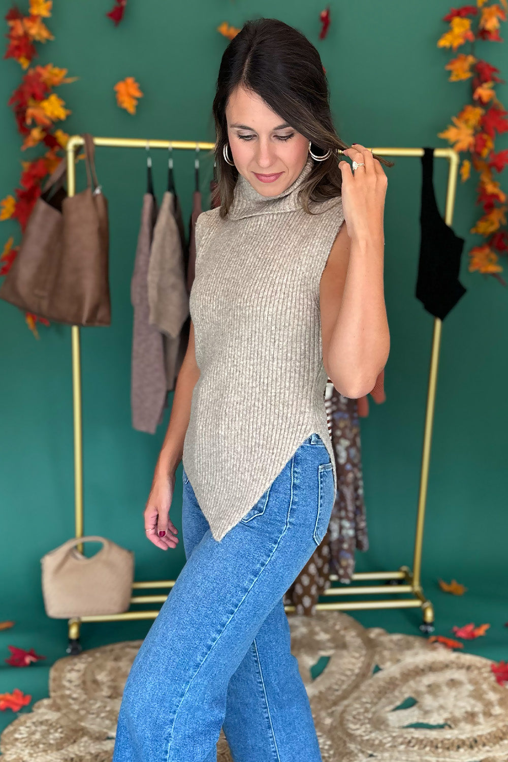 Asymmetrical Hem Sleeveless Sweater Mocha