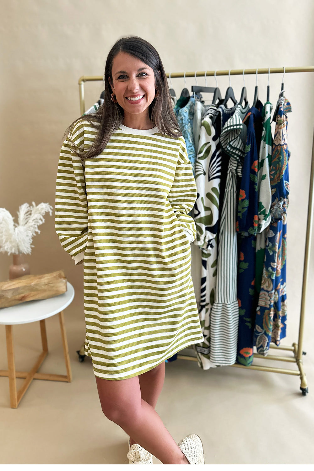 Green Stripe Bubble Sleeve Dress