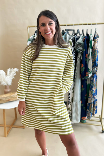 Green Stripe Bubble Sleeve Dress
