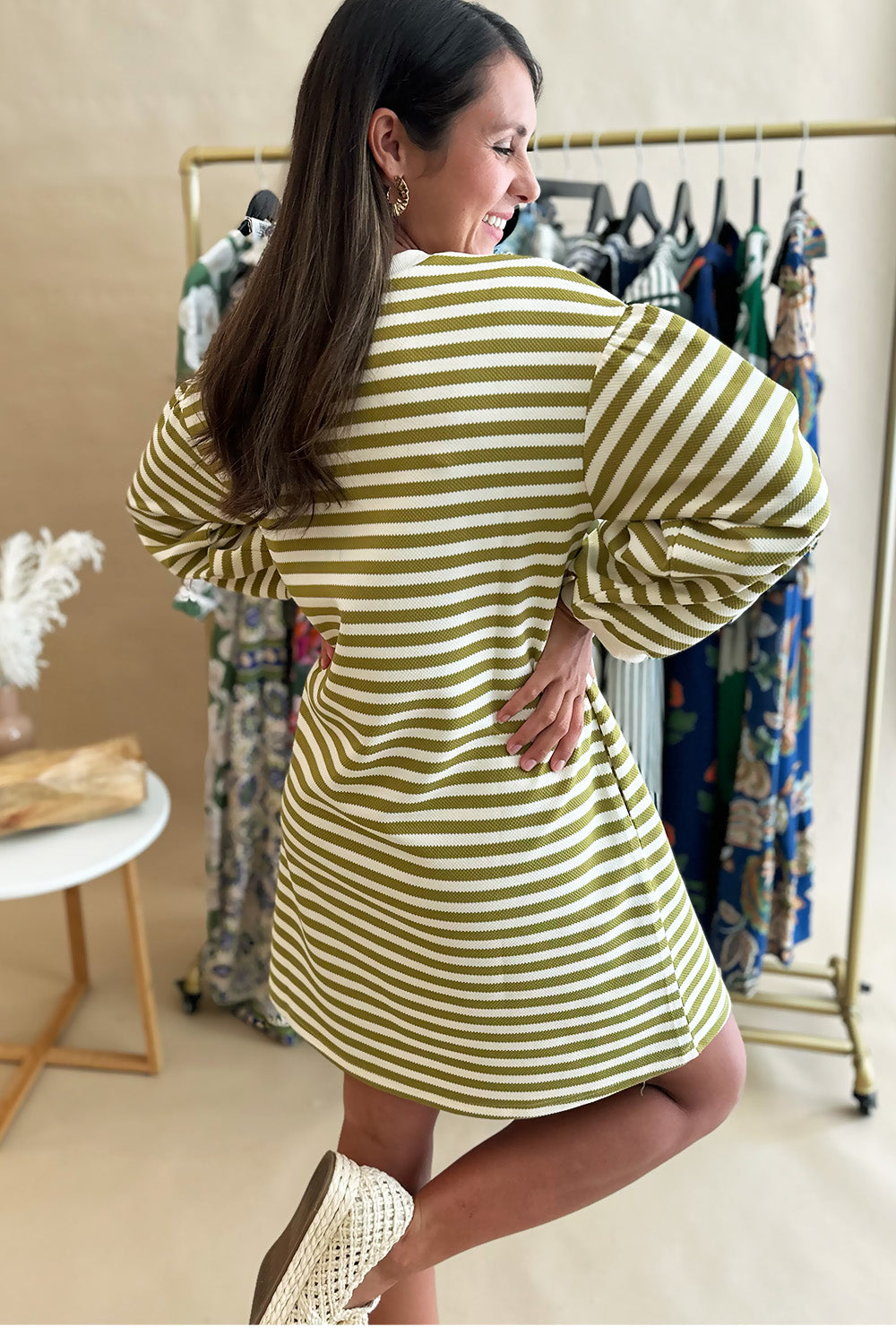 Green Stripe Bubble Sleeve Dress