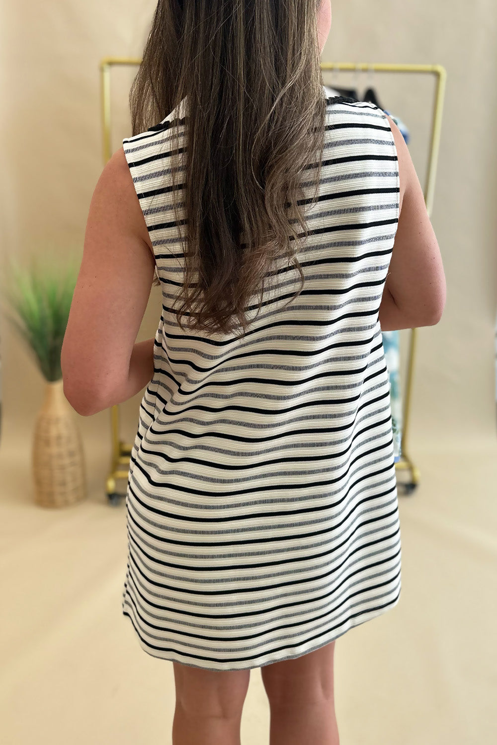 Cream and Black Stripe Sleeveless Dress
