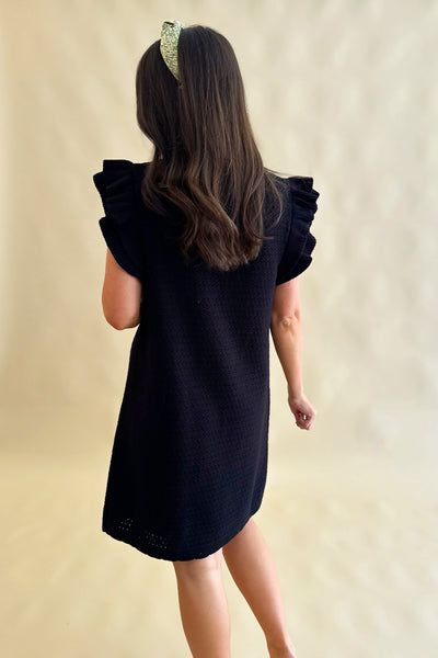 Black Crochet Ruffle Shoulder Dress