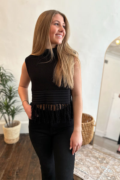 Black Fringe Hem Sleeveless Sweater