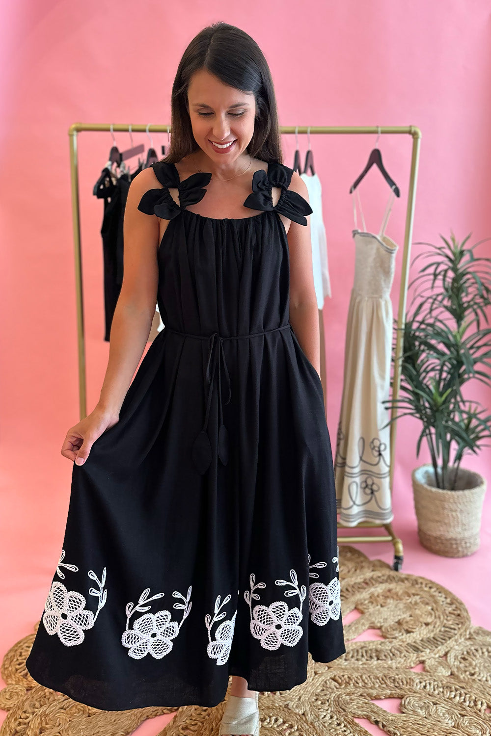Black Flower Petal Strap Dress