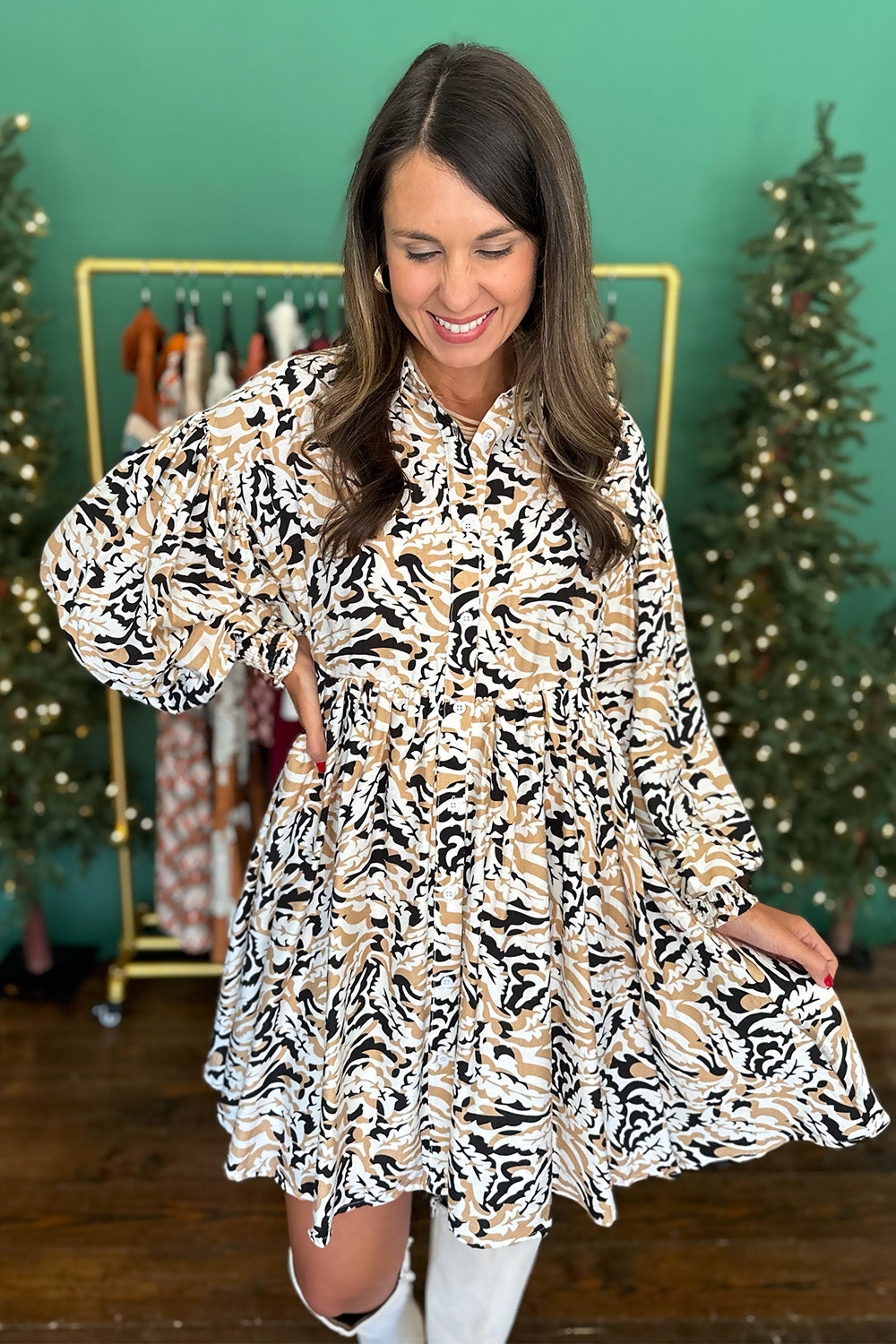 Taupe and Black Printed Button Down Dress