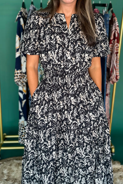Black and Light Tan Printed SS Midi Dress