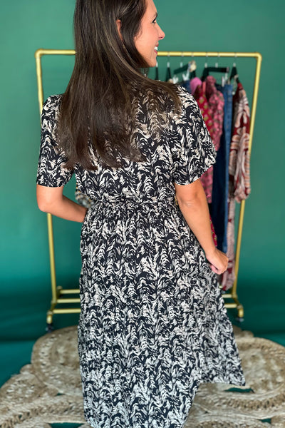Black and Light Tan Printed SS Midi Dress