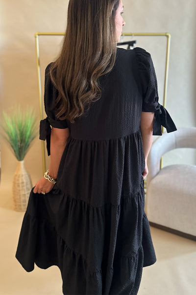 Tie Short Sleeve Midi Dress Black