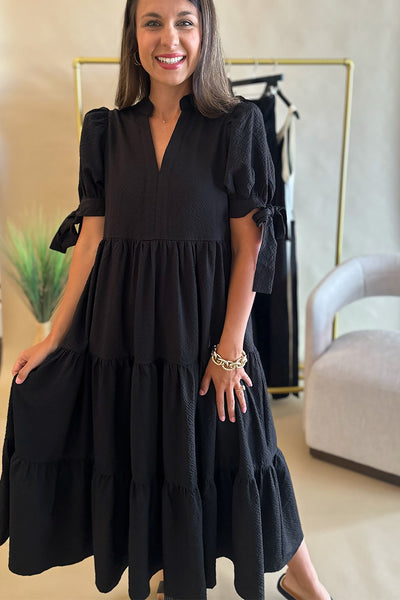 Tie Short Sleeve Midi Dress Black