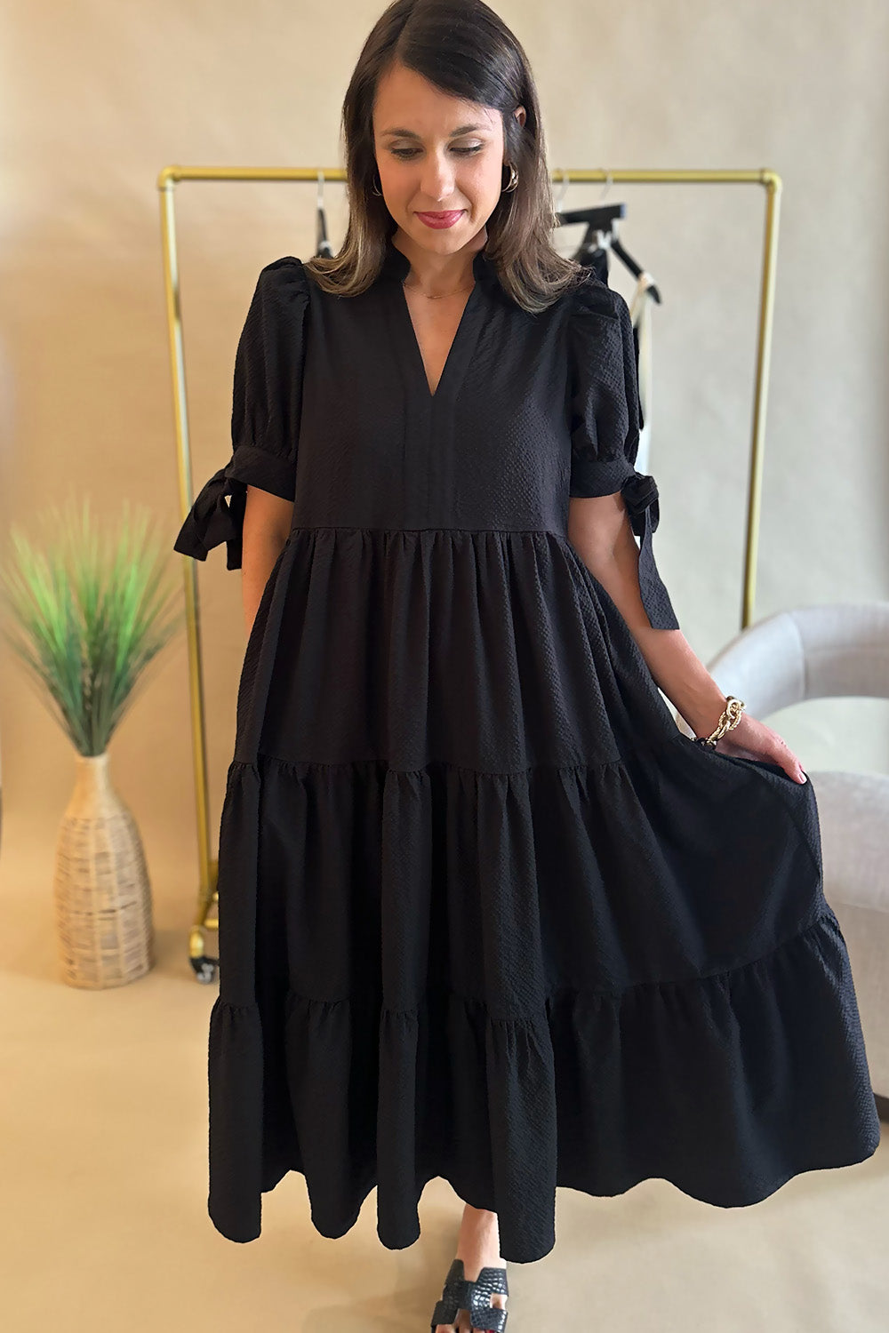 Tie Short Sleeve Midi Dress Black
