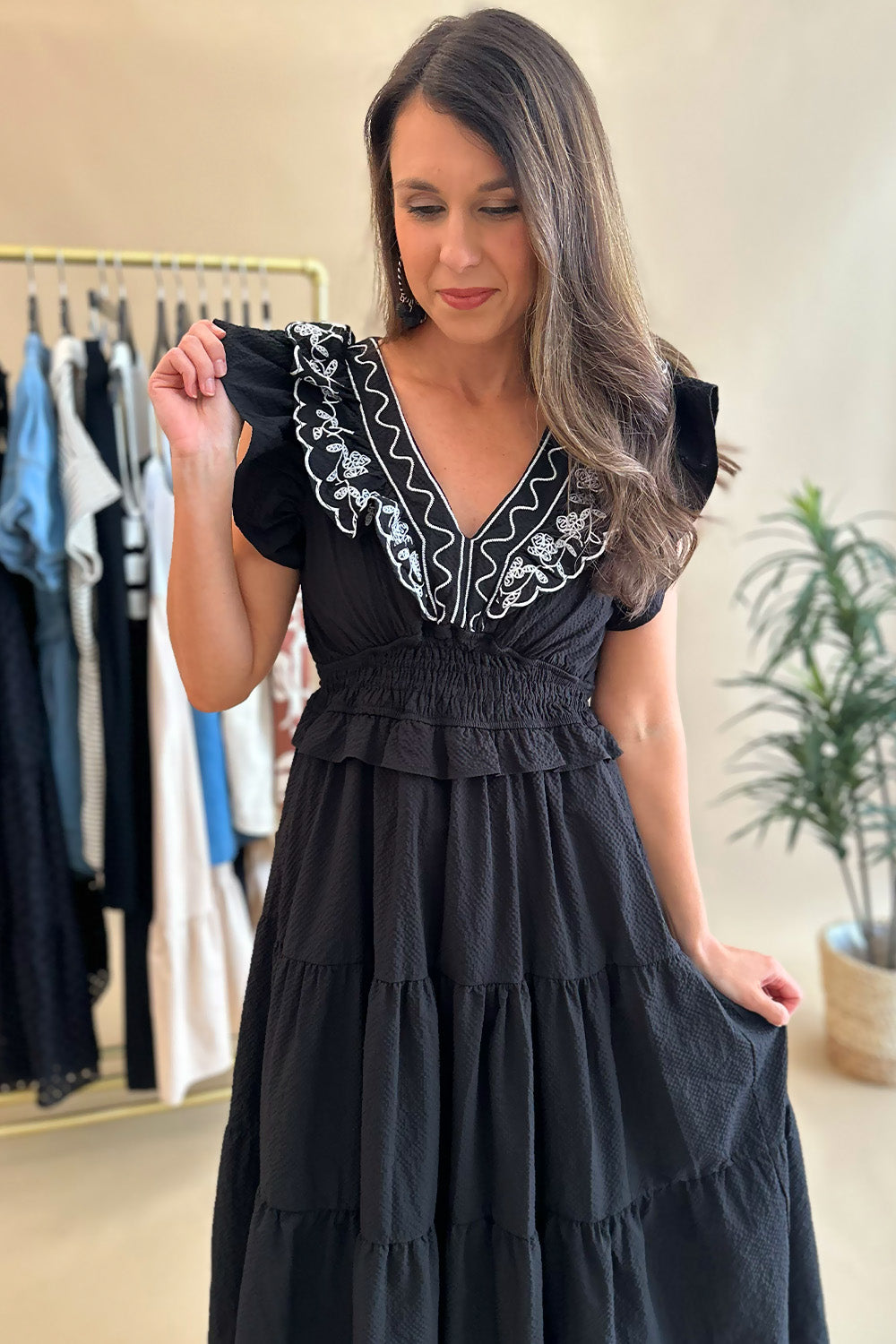 Black Vneck Midi with Embroidery