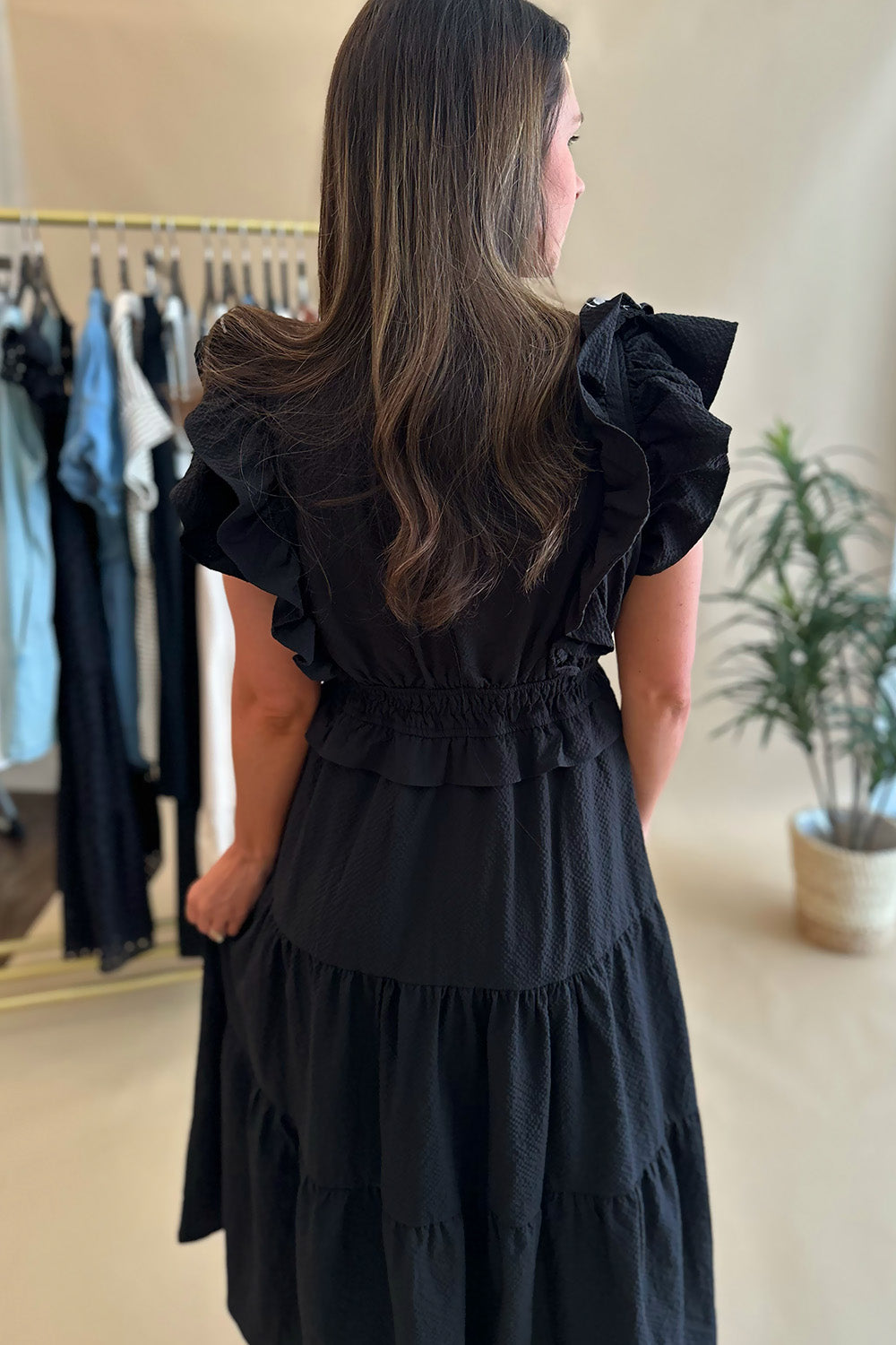Black Vneck Midi with Embroidery