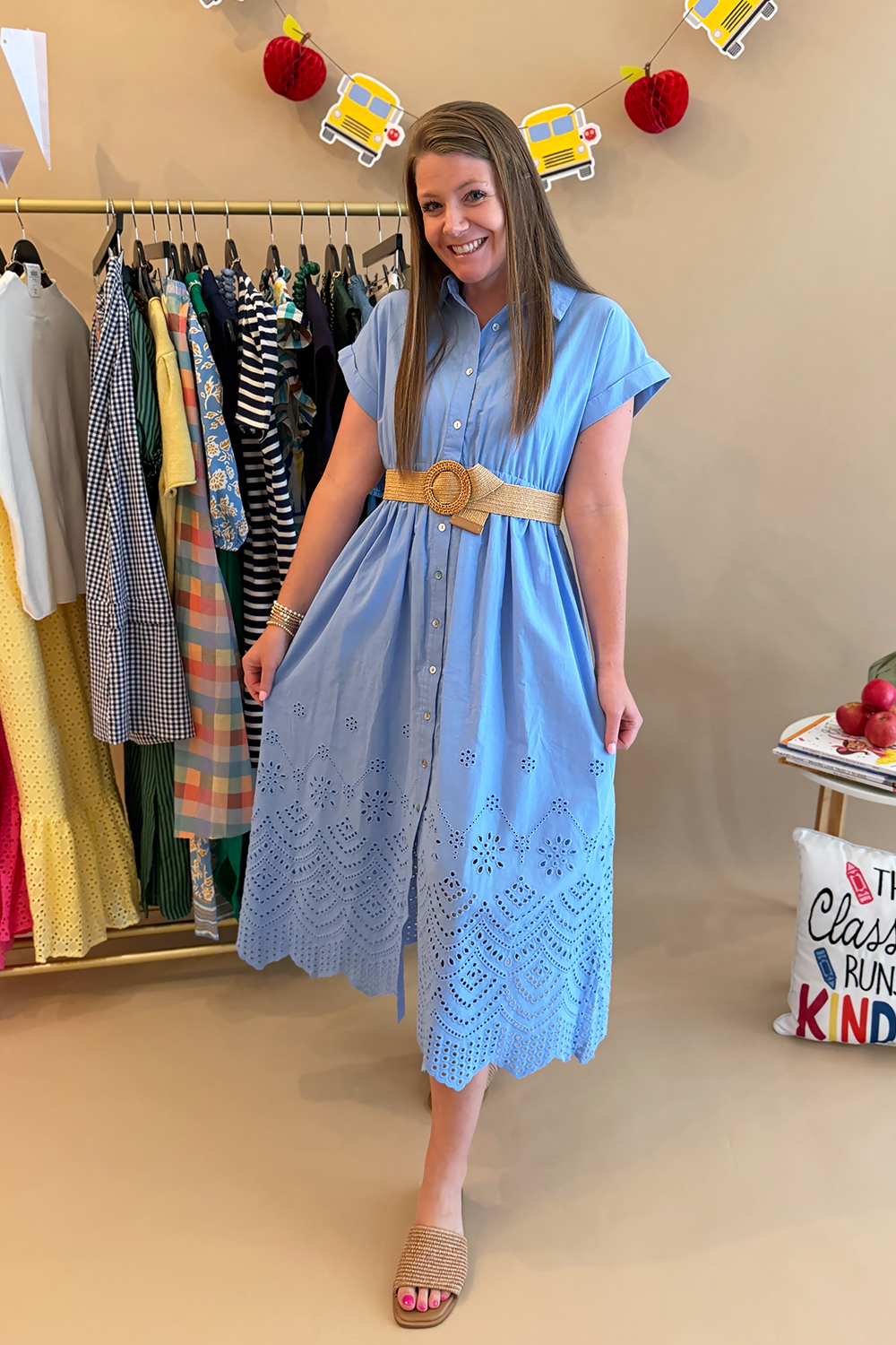 Blue Eyelet Belted Midi Dress