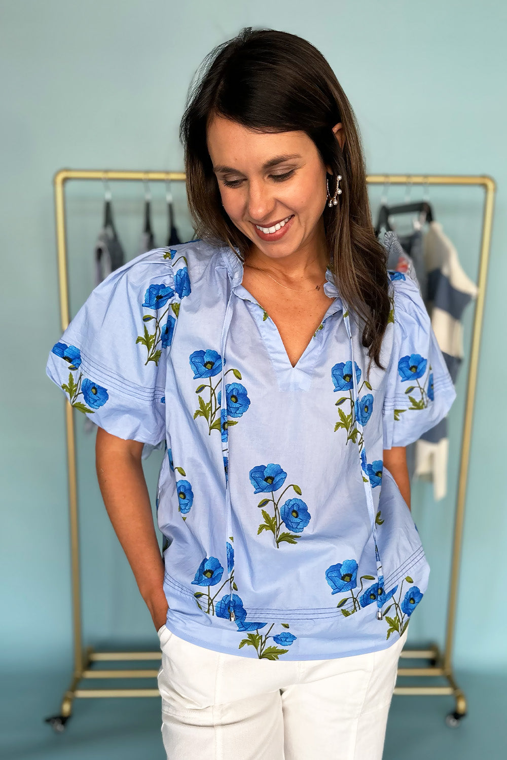 Blue Floral Tie Neck Blouse