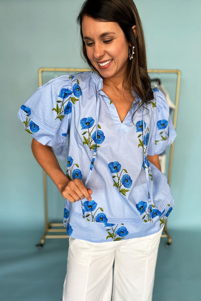 Blue Floral Tie Neck Blouse