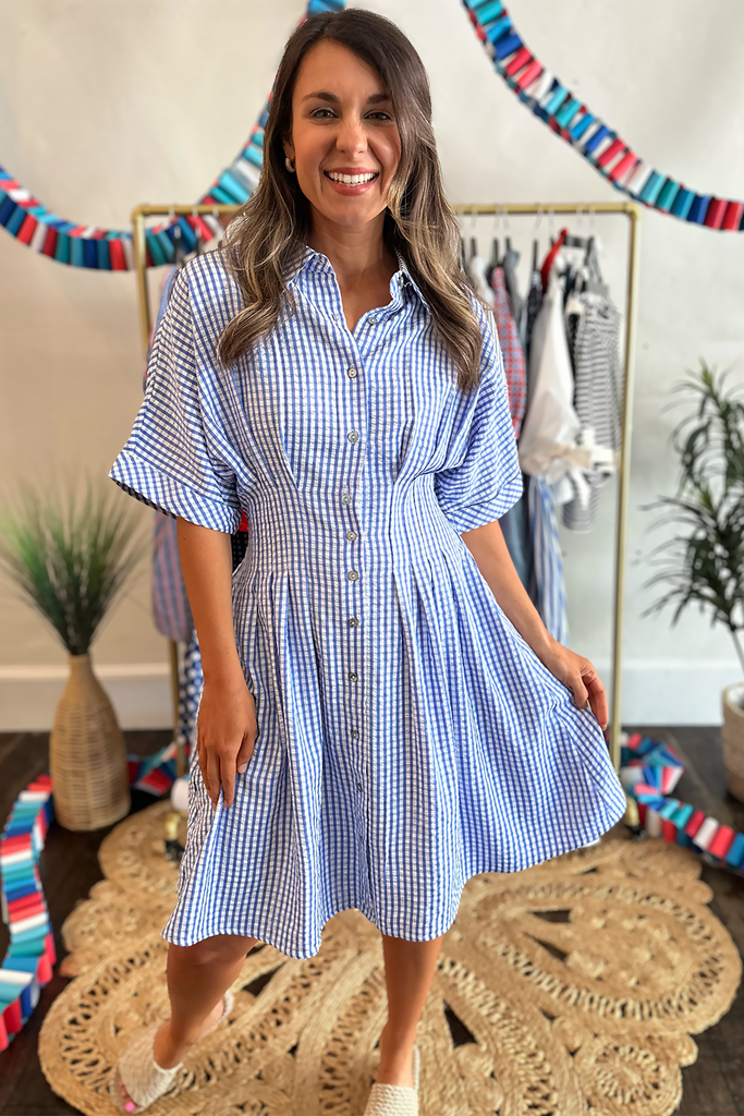 blue gingham drop waist dress Gingham Drop Waist Midi Dress
