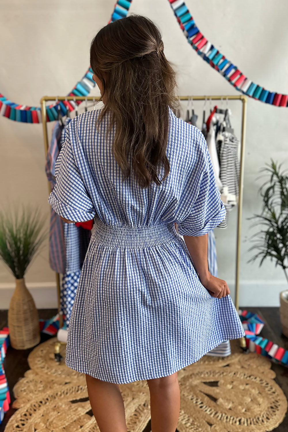 dark blue gingham dress Sabrina